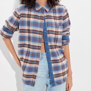 American Eagle Outfitters Blue, White & Orange Plaid Button-Up Shirt